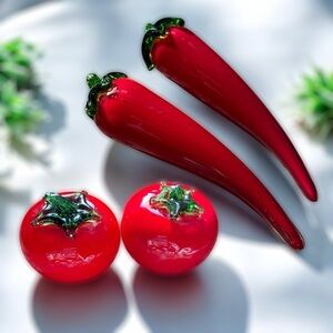 Vintage Hand-Blown Glass Chili Peppers and Tomatoes Decor